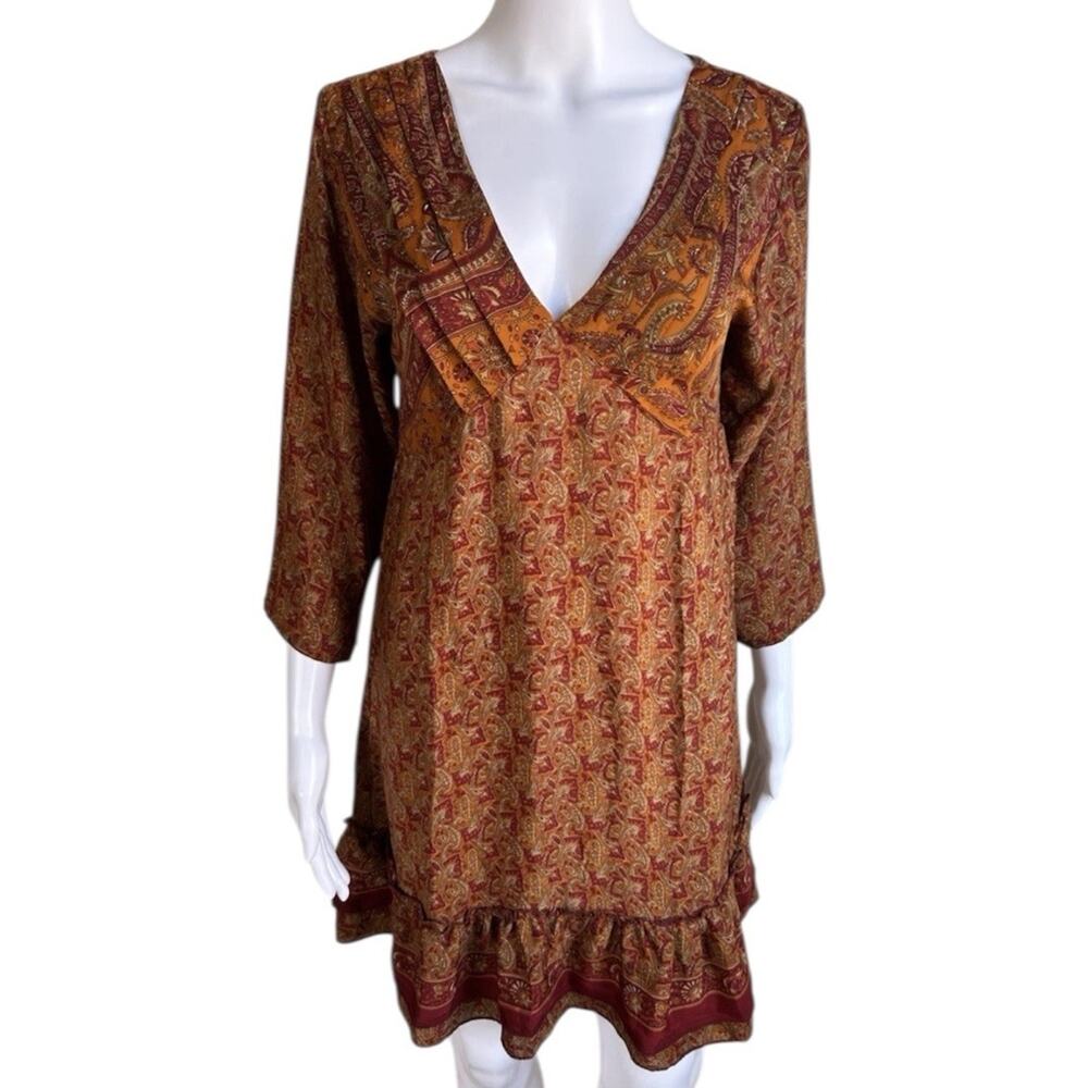 Arabesque 100% Silk Paisley Boho Mini Dress Womens M V Neck Festival Flowy